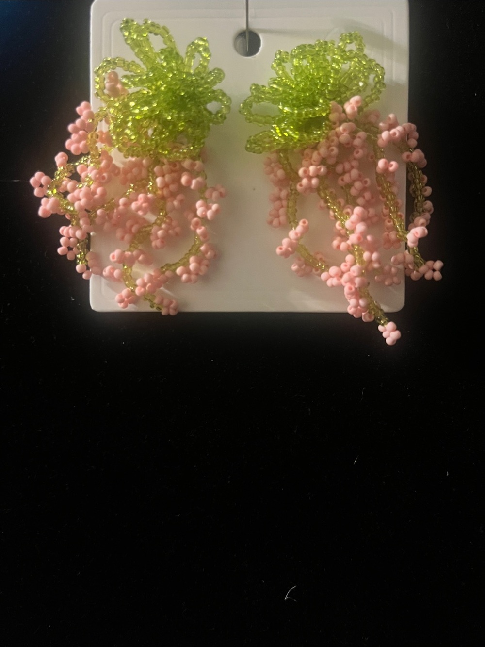 Beaded Floral Drop Earrings in Lime Green and Blush Pink
